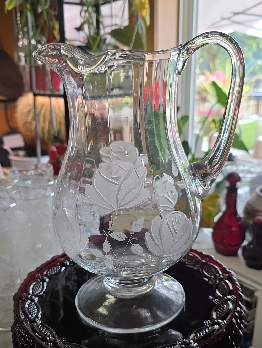 Glass Etched Rose Pitcher - Clear